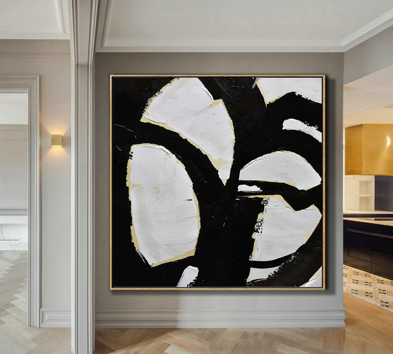 Large Abstract Art,Handmade Minimal Art Palette Knife Canvas Painting, Black White Beige - Big Art Canvas